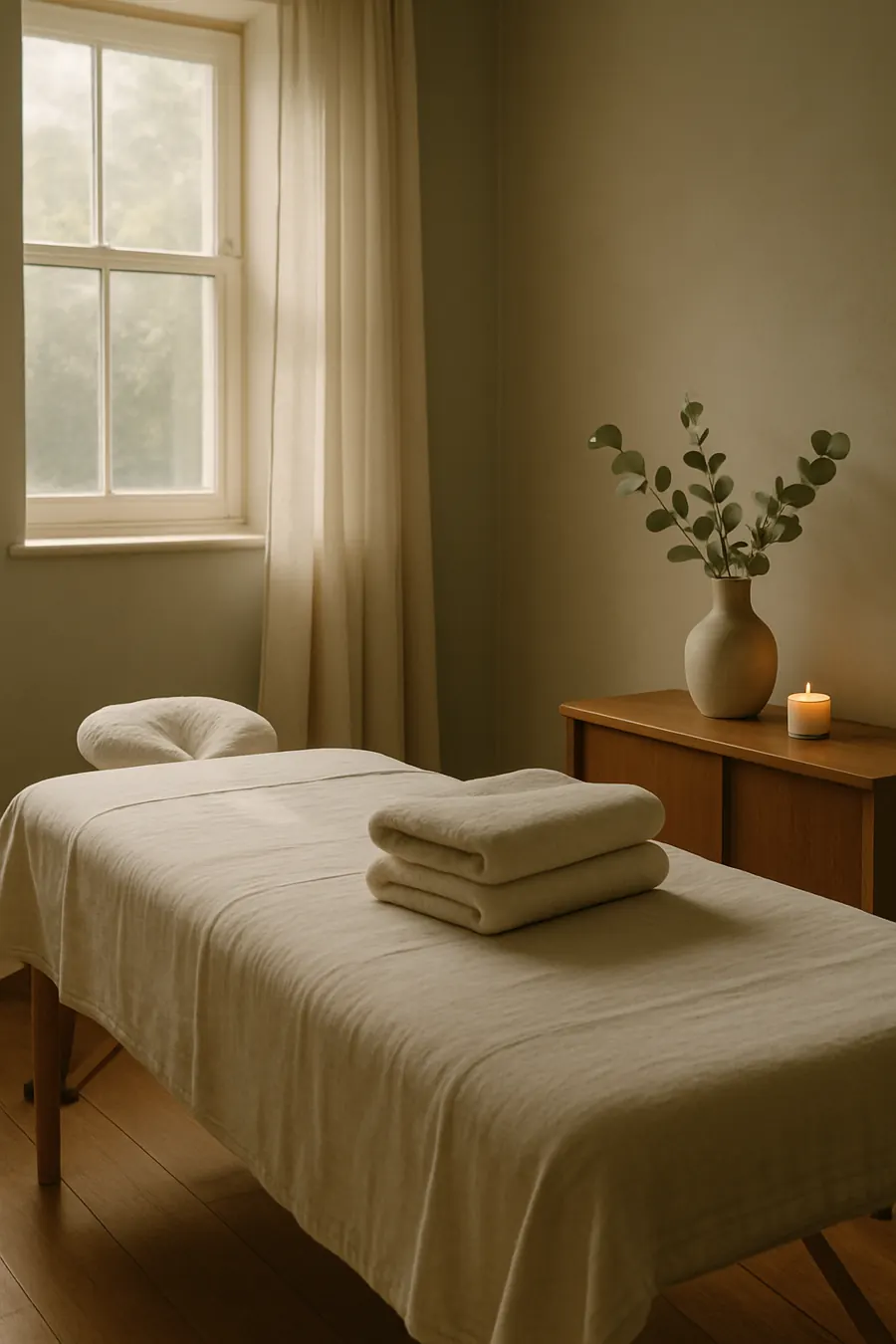 Sala de massagem com luz natural, toalhas de linho e eucalipto